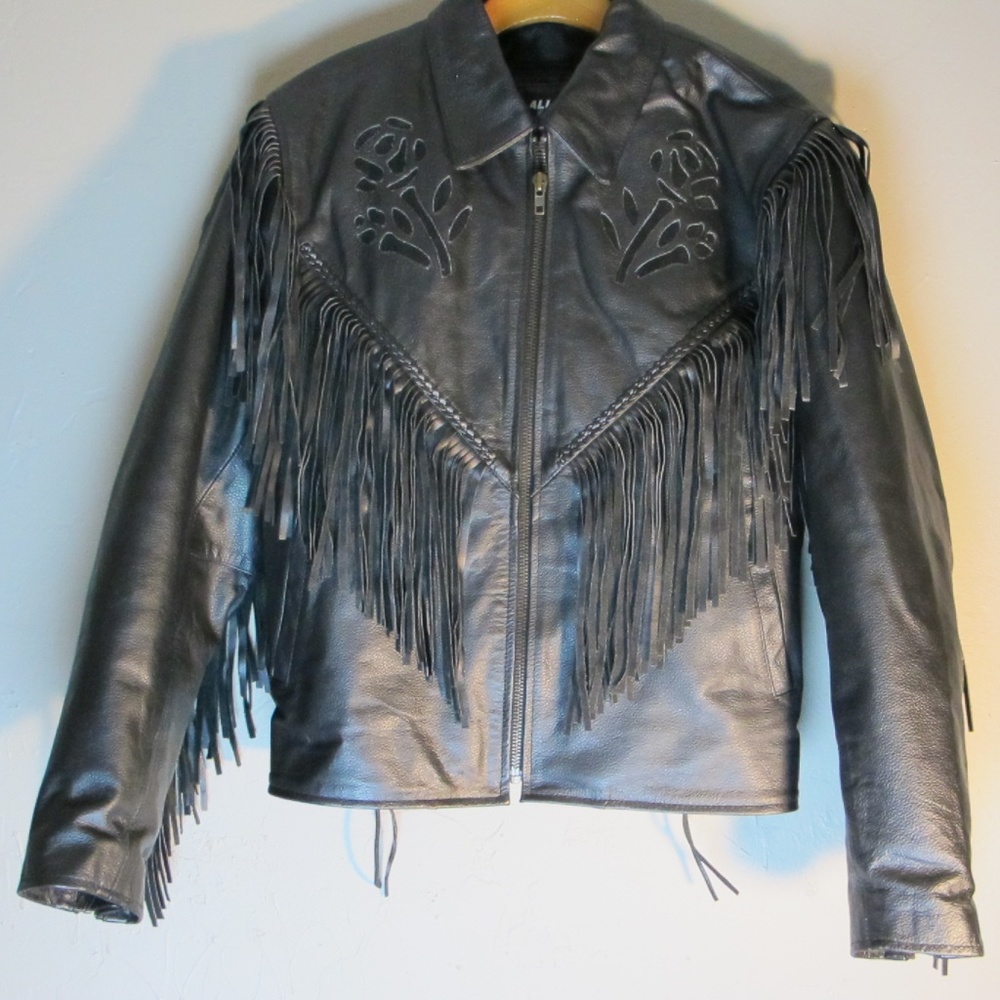 All State Black Leather Fringe Fitted Biker Jacket